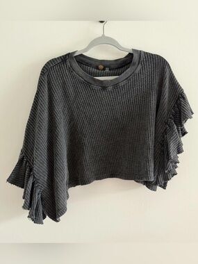 Free People Nessa Flutter Top Womens Large Black Sleeve Cropped Oversized Waffle